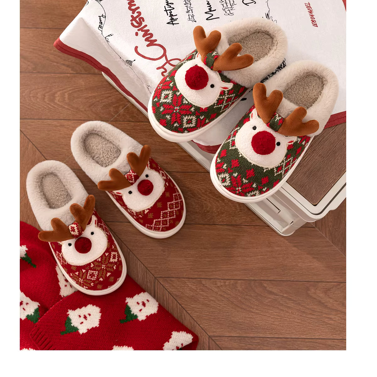 New Winter Lovely Women's Slippers Home Cute Cartoon Cotton Slippers Christmas Deer Non-Slip House Shoes