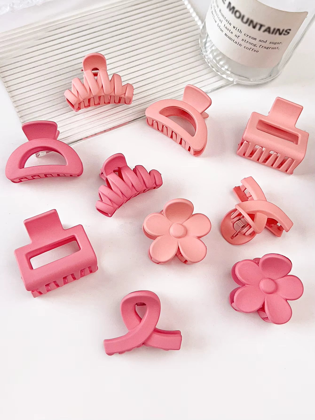 10 Pcs Pink Small Claw Clips Set, Matte Tiny Flower Jaw Clips for Women Girls,5 Style Nonslip for Thin Medium Fine Hair