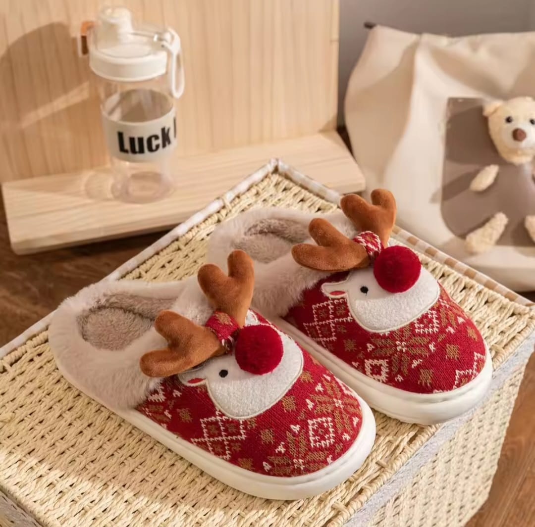 New Winter Lovely Women's Slippers Home Cute Cartoon Cotton Slippers Christmas Deer Non-Slip House Shoes