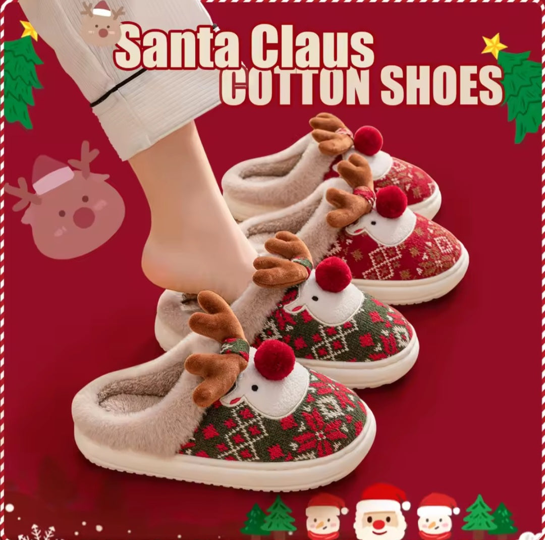 New Winter Lovely Women's Slippers Home Cute Cartoon Cotton Slippers Christmas Deer Non-Slip House Shoes