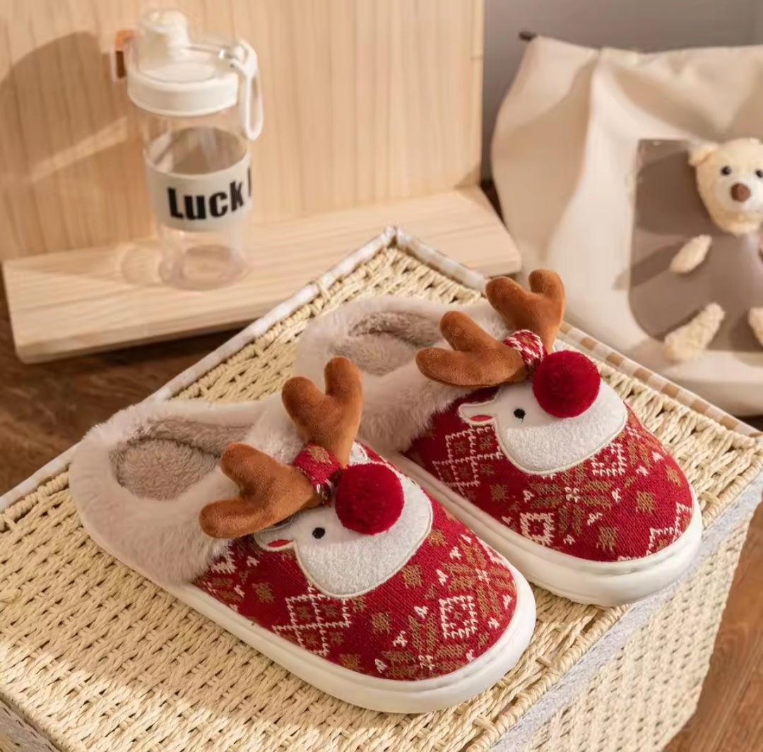 New Winter Lovely Women's Slippers Home Cute Cartoon Cotton Slippers Christmas Deer Non-Slip House Shoes